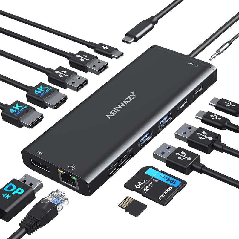 ABIWAZY USB C Docking Station 3 Monitors USBC Hub Laptop Dual Monitor Multiport Adapter Dock Dongle,USBC to 2 HDMI,4K DisplayPort,PD Charging,Ethernet,7 USB-C/A Ports,SD/TF,Audio for Dell/HP/Lenovo(Black) - Image 1